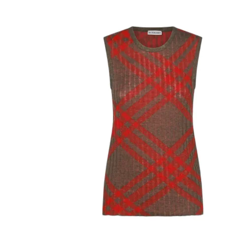 Check-Pattern Ribbed-Knit Sleeveless Top