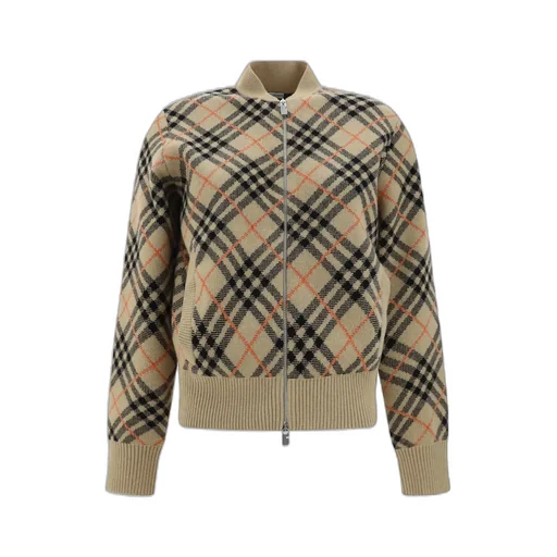 Checked Knitted Zip-Up Bomber Jacket