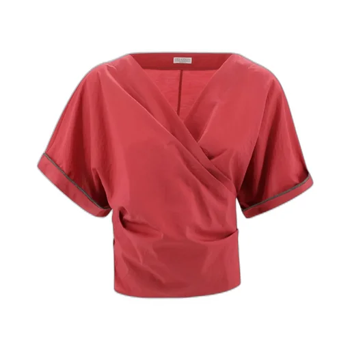 Shiny Trim Poplin Kimono-Style Top