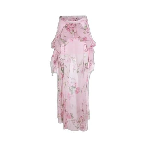 Floral-Printed Ruffled Satin Long Skirt