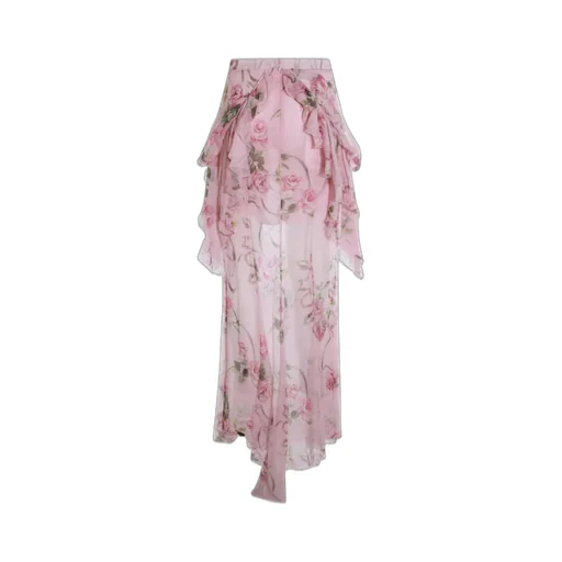 Floral-Printed Ruffled Satin Long Skirt