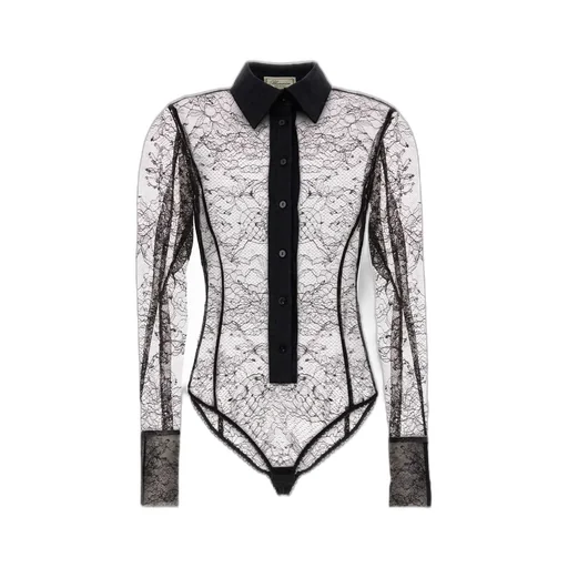 Sheer Lace-Panelled Shirt Bodysuit