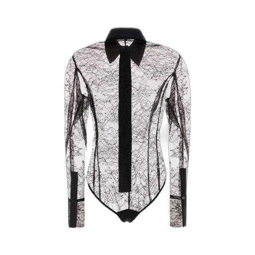 Sheer Lace-Panelled Shirt Bodysuit