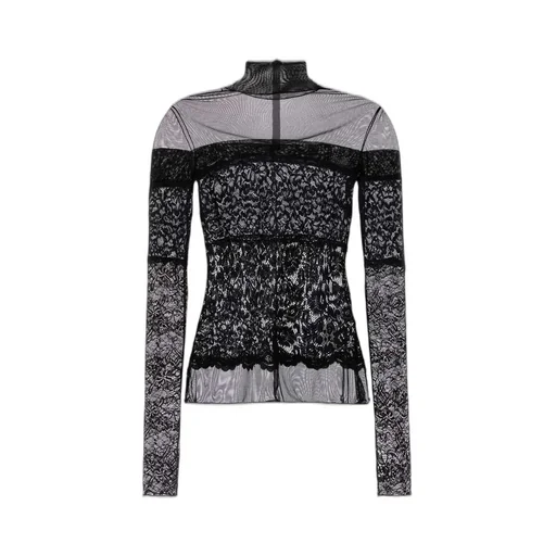 Sheer-Lace Rear Zipped Mock-Neck Top