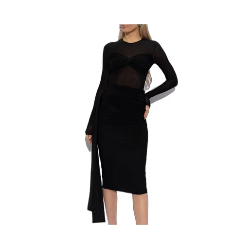Semi-Sheer Draped-Detail Midi Dress