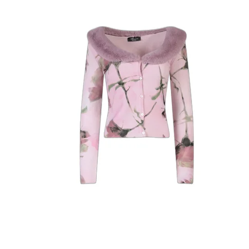 Floral Print Faux Fur Collared Cardigan