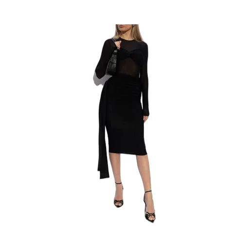 Semi-Sheer Draped-Detail Midi Dress