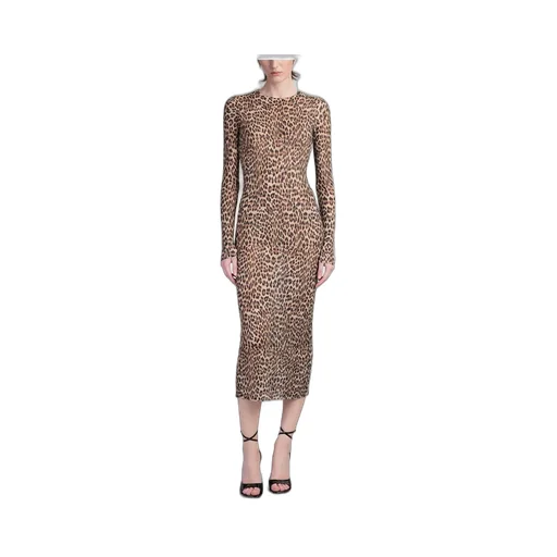 Leopard-Printed Crewneck Knitted Midi Dress