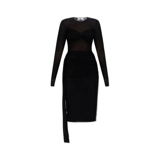 Semi-Sheer Draped-Detail Midi Dress