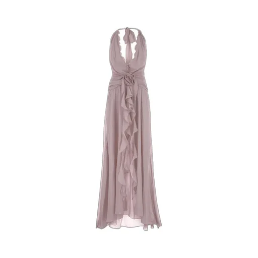 Rose Appliqué Halterneck Ruffled Maxi Dress
