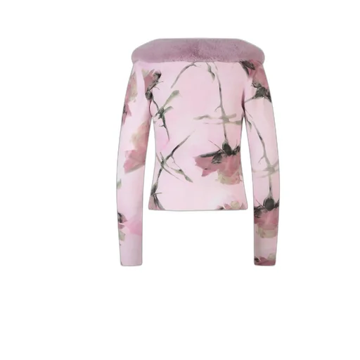 Floral Print Faux Fur Collared Cardigan