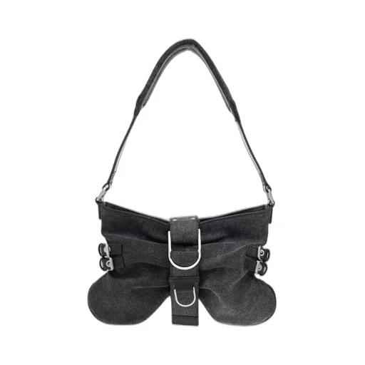 Large Butterfly Buckle-Detailed Denim Shoulder Bag