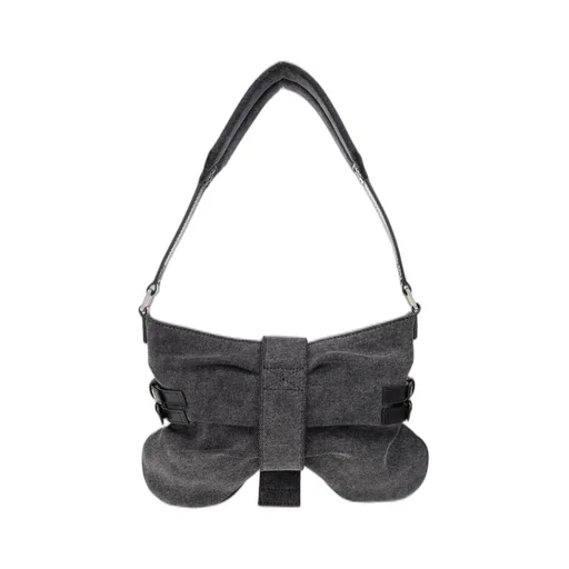Large Butterfly Buckle-Detailed Denim Shoulder Bag
