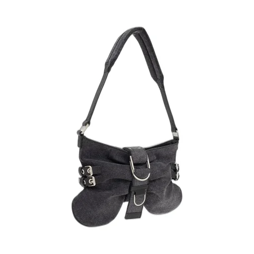 Large Butterfly Buckle-Detailed Denim Shoulder Bag