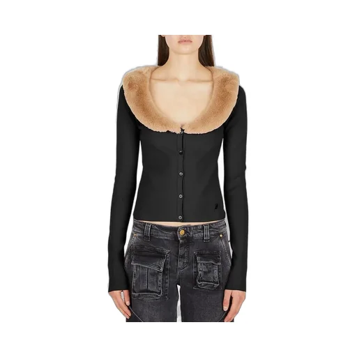 Faux Fur Collared Button-Up Cardigan