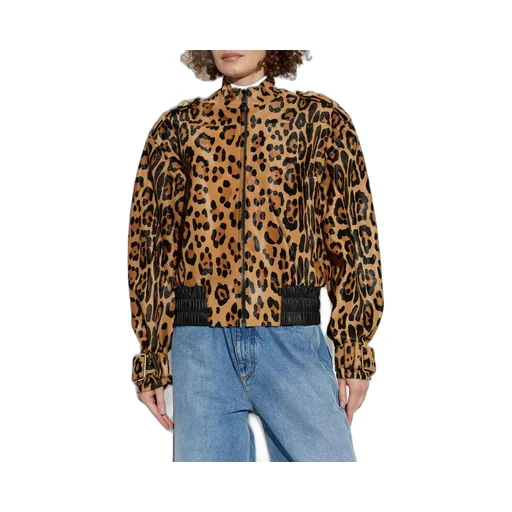 Leopard Patterned Ponyskin-Style Leather Bomber Jacket
