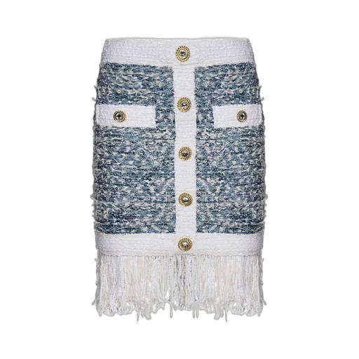 Buttoned Denim Fringed Tweed Mini Skirt