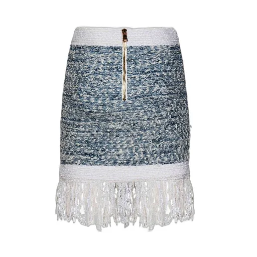 Buttoned Denim Fringed Tweed Mini Skirt