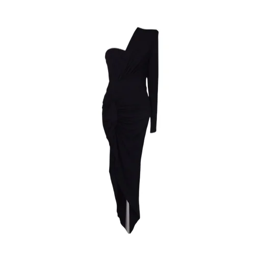One-Shoulder Gathered Asymmetric Midi Dress