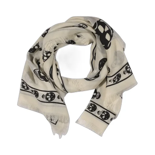 Skull-Printed Fringed Scarf