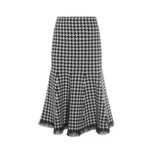 Houndstooth Frayed-Edge Midi Skirt
