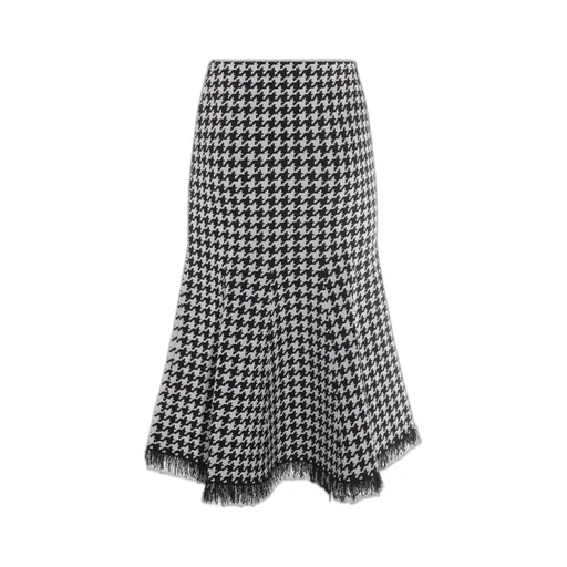 Houndstooth Frayed-Edge Midi Skirt