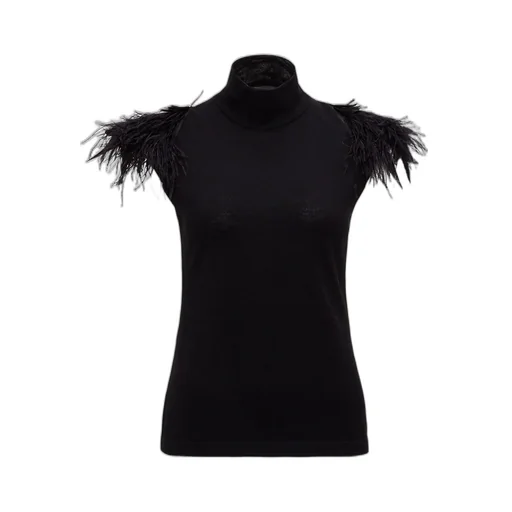 Feather-Trimmed High-Neck Top