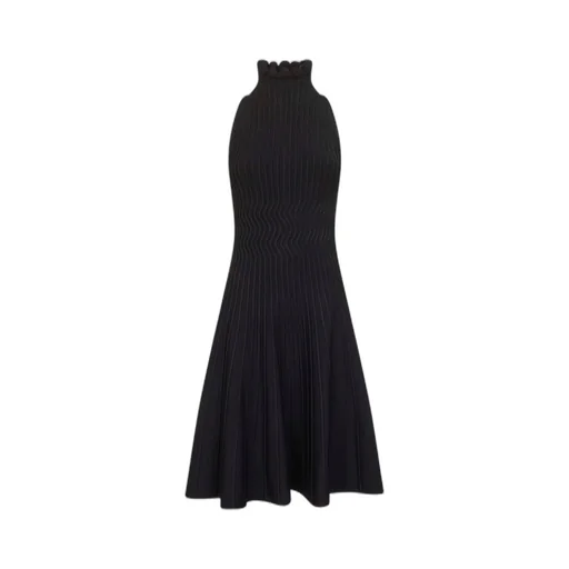 Ribbed Knit Curled High-Neck Dress