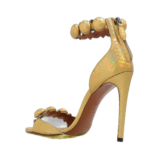 Embossed Ankle Strap Heeled Sandals