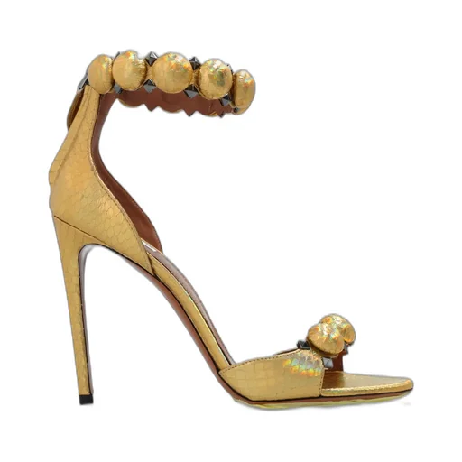 Embossed Ankle Strap Heeled Sandals