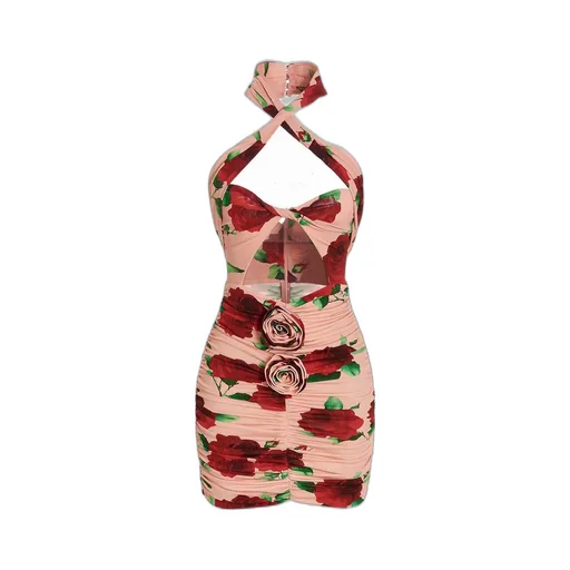 Floral-Printed Cut-Out Halterneck Mini Dress