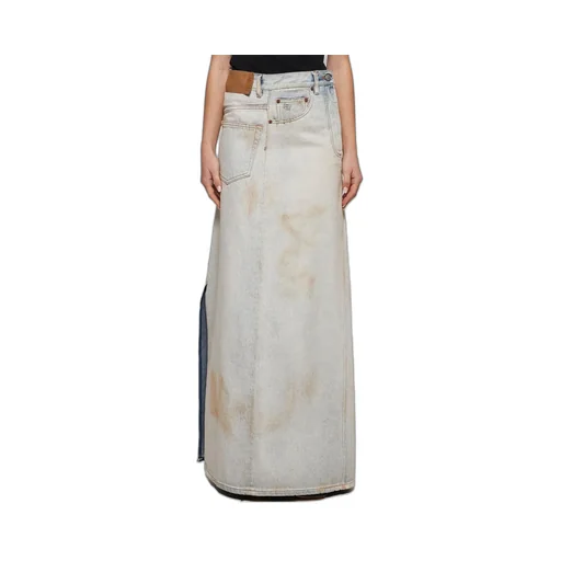 Logo-Patch Distressed Denim Midi Skirt