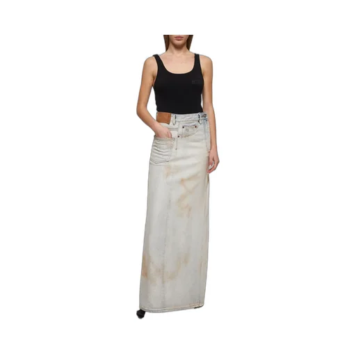 Logo-Patch Distressed Denim Midi Skirt