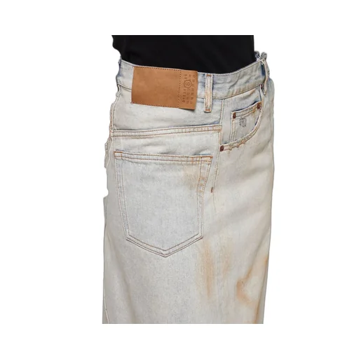 Logo-Patch Distressed Denim Midi Skirt