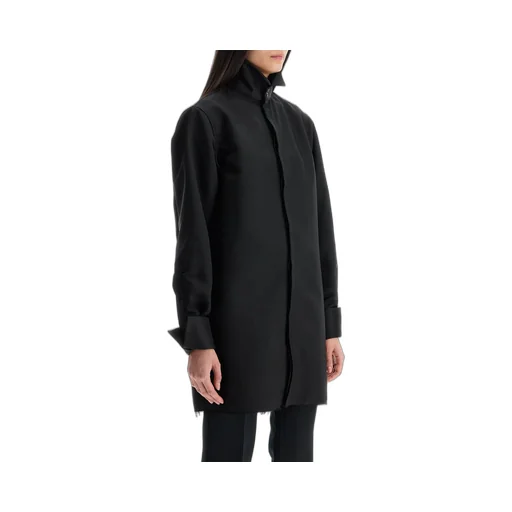 Frayed Hem High-Neck Long Shirt