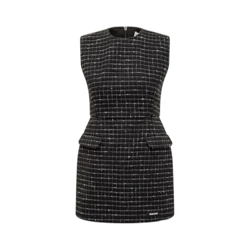 Checked Embellished Sleeveless Tweed Mini Dress