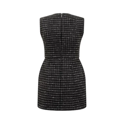 Checked Embellished Sleeveless Tweed Mini Dress