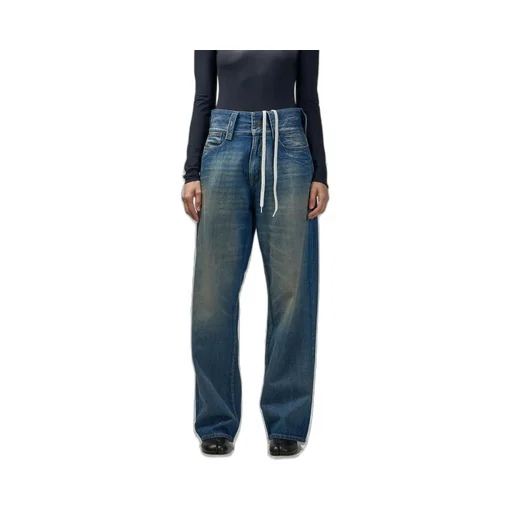 Faded Straight-Leg Drawstring Jeans