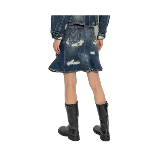 Denim Skirt With Distressed Details And Flared Hem