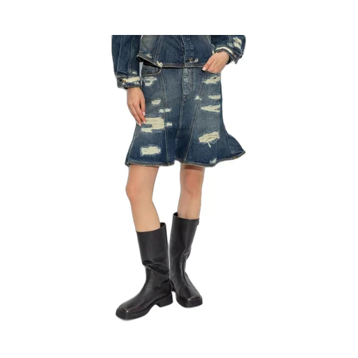 Denim Skirt With Distressed Details And Flared Hem