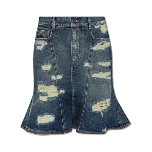 Denim Skirt With Distressed Details And Flared Hem