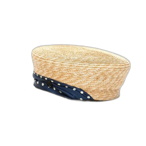 Straw Boater Hat With Polka Dot Band