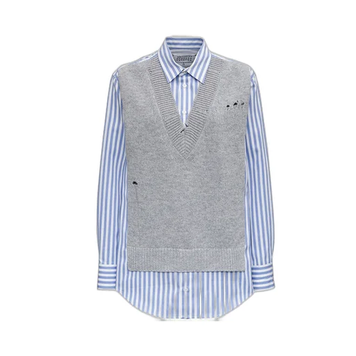Striped Shirt With Distressed Knit Vest