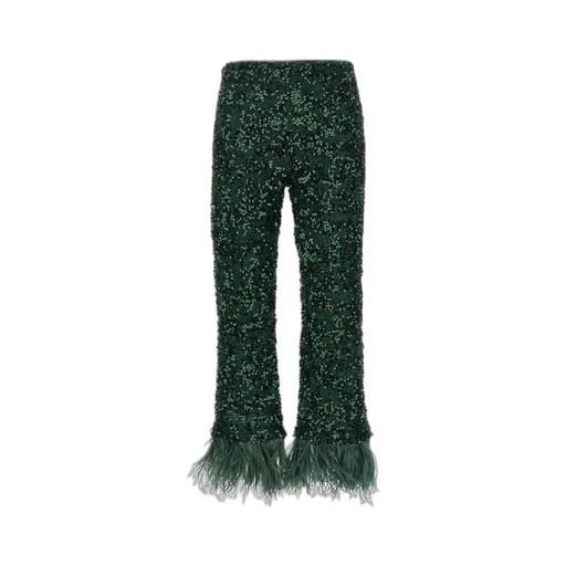 Sequin Pants With Feather Trim