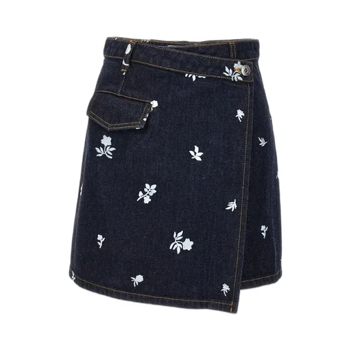 Denim Wrap Skirt With Floral Embroidery