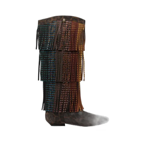 Knee-High Boots With Fringe And Rhinestones