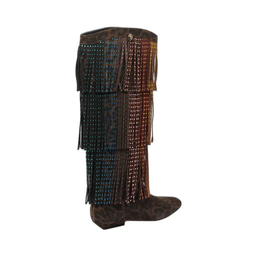 Knee-High Boots With Fringe And Rhinestones