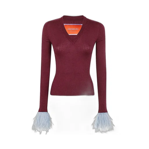 Ribbed Knit Sweater With Feather Cuffs