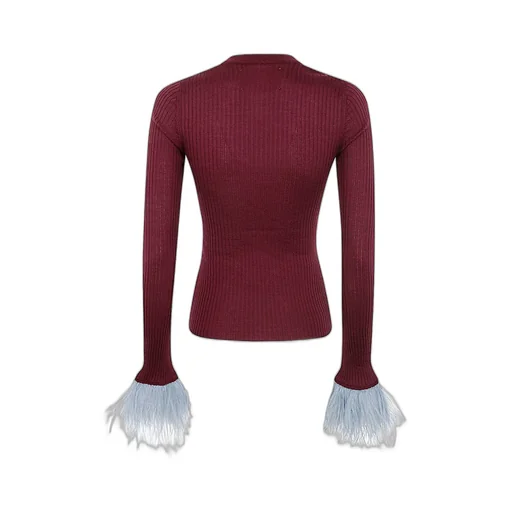 Ribbed Knit Sweater With Feather Cuffs