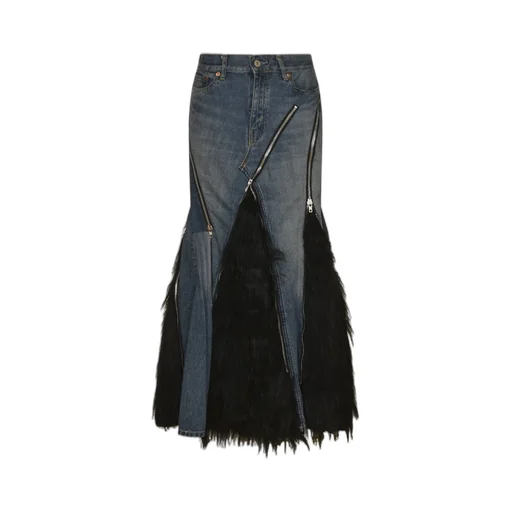 Denim Maxi Skirt With Fur Trim